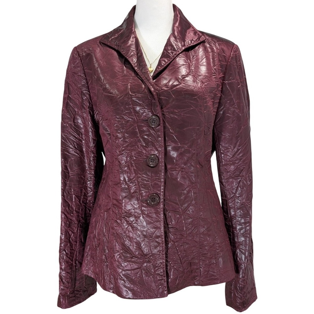 Lafayette 148 New York Crinkled Shiny Faux‎ Leather Burgundy Jacket Size 8